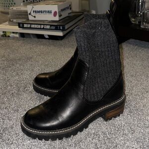 Black Leather Chelsea Lug Boots with Knit Shaft